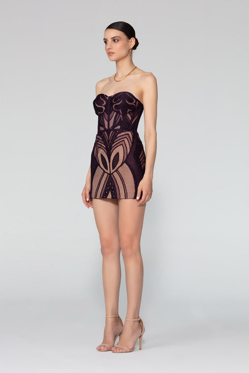 Heart Neck Symmetric Patterned Mini Dress